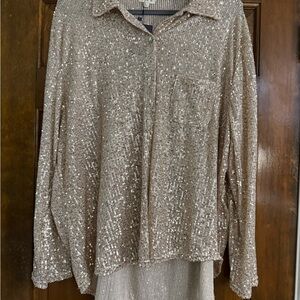 Sparkling Sequin Button Up Top in Cream and Gold